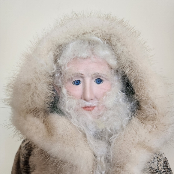 Vintage 24" Ceramic Father Christmas on Wooden Base Tapestry Fur Trim Coat Santa - Picture 3 of 9